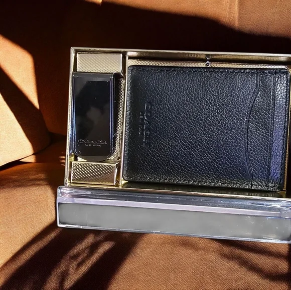 Coach Men's Black Card Case and Money Clip Set in Textured Leather NWOT - Picture 2 of 6